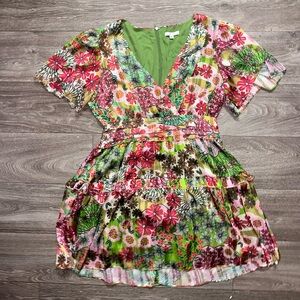Floral Mini Dress with Green and Pink Accents